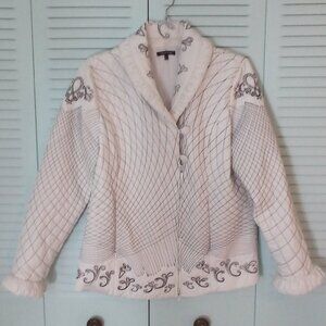 SAMUEL DONG WHITE QUILTED JACKET BLACK EMBROIDERED ALL-OVER BUTTONS ZIPPER LINED